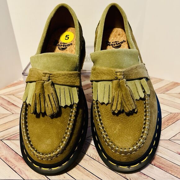 Dr Martens Adrian Tumbled Nubuck Leather Tassel Loafer M 4 W 5 Muted Olive Green - Picture 3 of 8